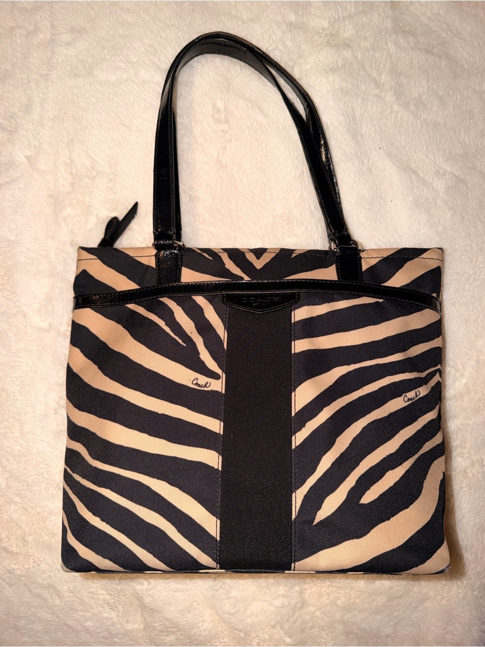 Coach Zebra-Print Canvas Tote in Black and Cream